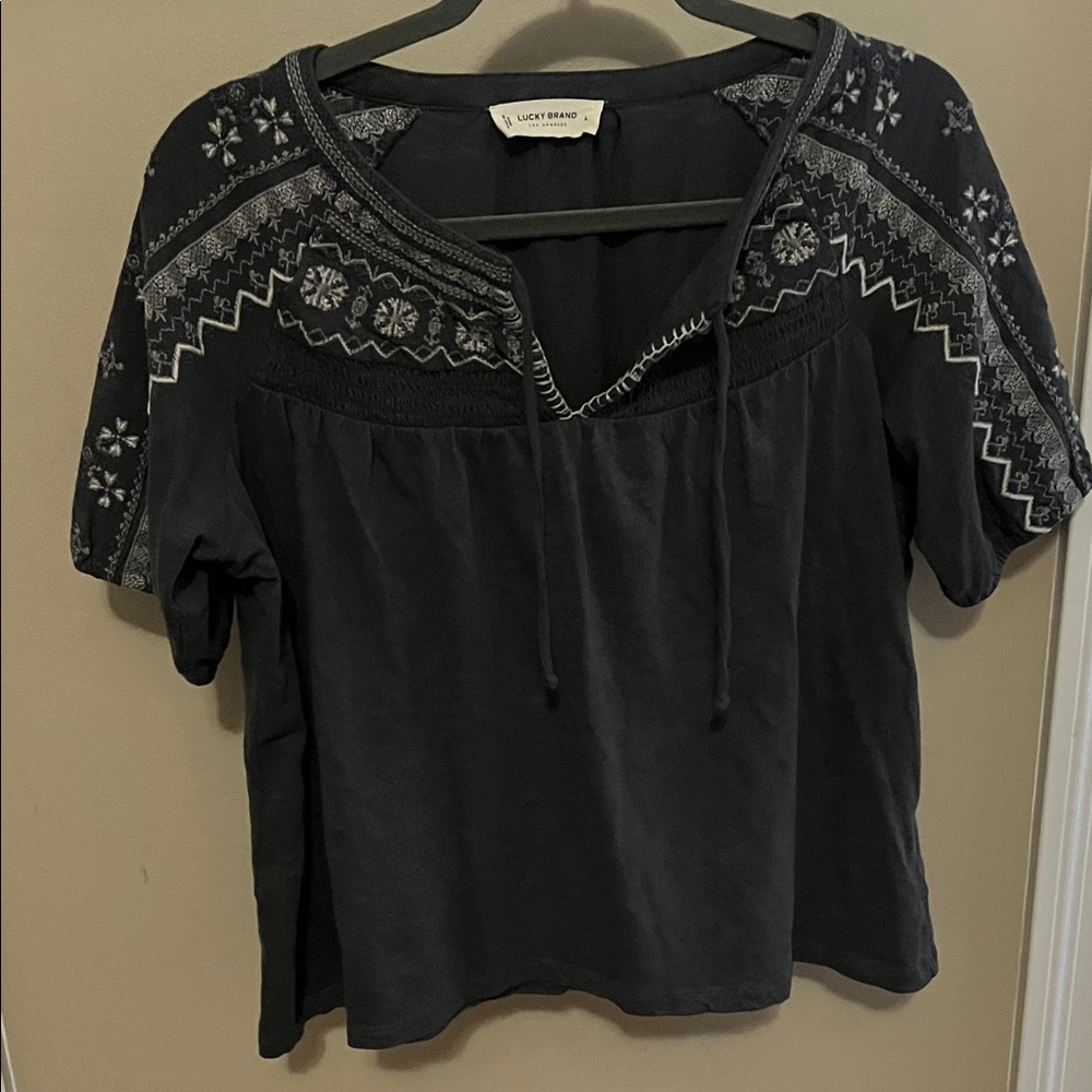 Lucky Brand Black Embroidered Peasant Blouse